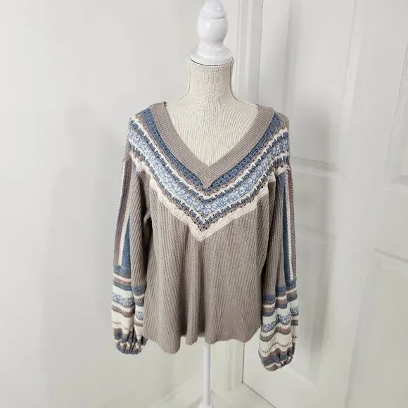 Free People Sweater Womens XS Copenhagen Thermal Waffle Contrasting Sleeves - Picture 1 of 16